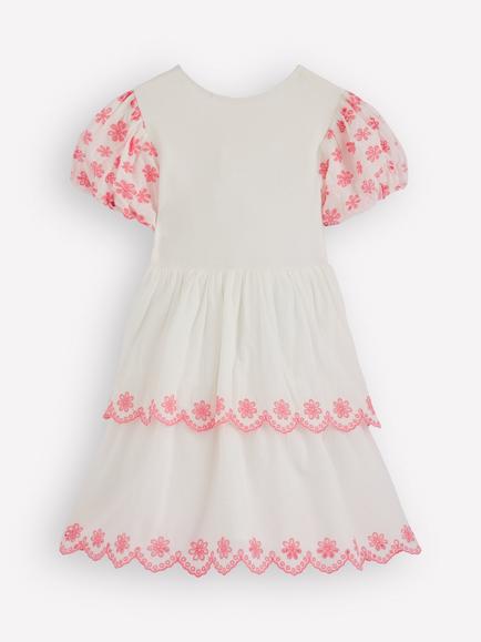 Mini Boden Kids' Cotton Broderie Tiered Dress, Ivory/Salmon Pink - view 2, Ivory/Salmon Pink