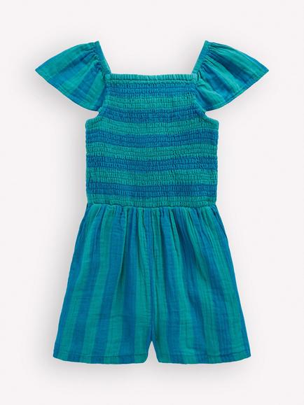 Mini Boden Kids' Cotton Stripe Double Cloth Playsuit, Aurora Blue Stripe, Aurora Blue Stripe