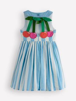 Mini Boden Kids' Harlow Cotton Novelty Back Dress, Blue Cherry Stripe - view 2, Blue Cherry Stripe
