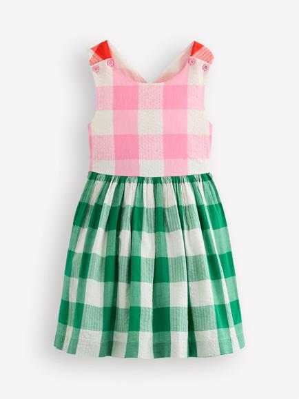 Mini Boden Kids' Harper Cotton Cross-Back Dress, Gingham Hotchpotch, Gingham Hotchpotch