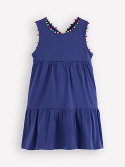 Mini Boden Kids' Cotton Cross-Back Pom Pom Dress, Starboard Blue, Starboard Blue