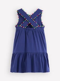 Mini Boden Kids' Cotton Cross-Back Pom Pom Dress, Starboard Blue - view 2, Starboard Blue