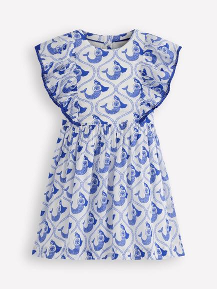 Mini Boden Kids' Cotton Wing Sleeve Dress, Ivory Mermaid Toile, Ivory Mermaid Toile