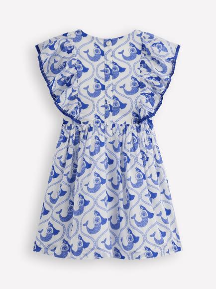 Mini Boden Kids' Cotton Wing Sleeve Dress, Ivory Mermaid Toile - view 2, Ivory Mermaid Toile