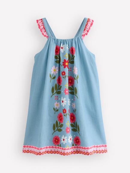 Mini Boden Kids' Cotton Ruffle Strap Sundress, Blue Floral, Blue Floral
