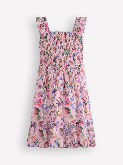 Mini Boden Kids' Shirred Floral Midi Dress, Multi Pink Floral, Multi Pink Floral