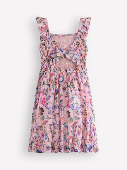 Mini Boden Kids' Shirred Floral Midi Dress, Multi Pink Floral - view 2, Multi Pink Floral