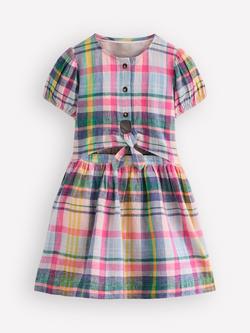 Mini Boden Kids' Linen-Cotton Check Tie Front Woven Dress, Blue/Pink Multi, Blue/Pink Multi