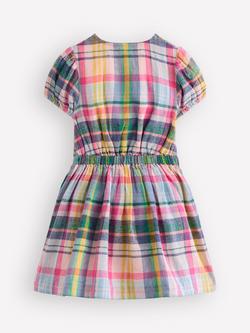 Mini Boden Kids' Linen-Cotton Check Tie Front Woven Dress, Blue/Pink Multi - view 2, Blue/Pink Multi