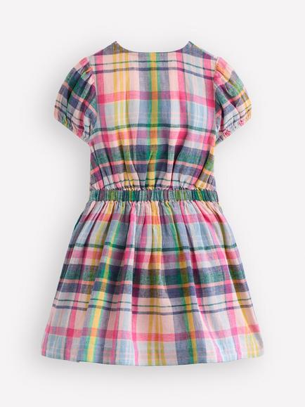Mini Boden Kids' Linen-Cotton Check Tie Front Woven Dress, Blue/Pink Multi - view 2, Blue/Pink Multi