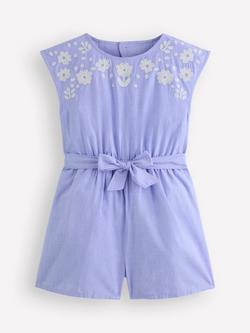 Mini Boden Kids' Cotton Tie Waist Playsuit, Denim Embroidery, Denim Embroidery