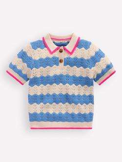 Mini Boden Kids' Pointelle Knit Short Sleeve Polo Top, Wave Blue/Ecru Marl, Wave Blue/Ecru Marl