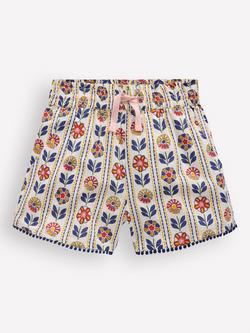 Mini Boden Kids' Cotton Pull-On Holiday Shorts, Ivory Floral Stripe, Ivory Floral Stripe