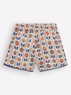 Mini Boden Kids' Cotton Pull-On Holiday Shorts, Ivory Floral Stripe - view 2, Ivory Floral Stripe