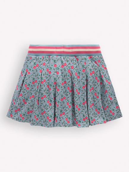 Mini Boden Kids' Cotton Jersey Pleated Skort, Blue Cherries - view 2, Blue Cherries