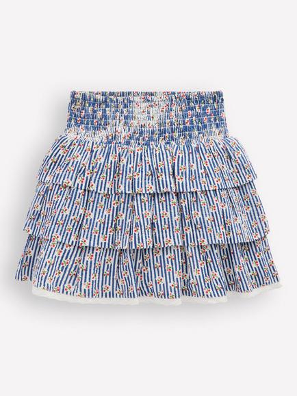 Mini Boden Kids' Cotton Smocked Waist Ruffle Skirt, Cherry Stripe, Cherry Stripe