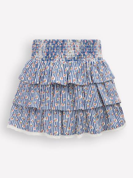 Mini Boden Kids' Cotton Smocked Waist Ruffle Skirt, Cherry Stripe - view 2, Cherry Stripe