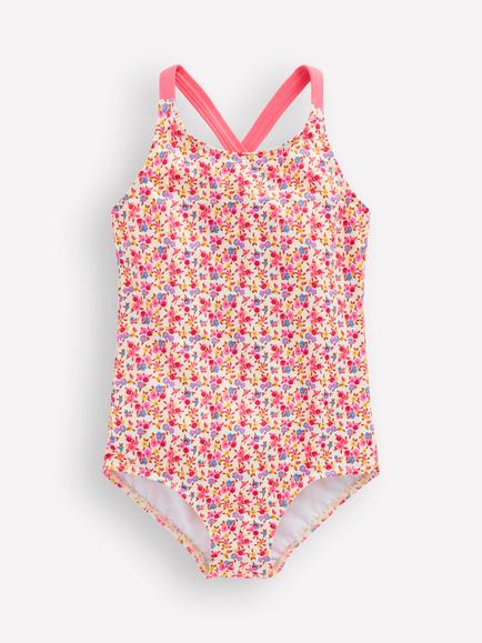 Mini Boden Kids' Printed Cross Back Swimsuit, Papyrus Ditsy Floral, Papyrus Ditsy Floral