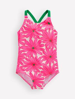 Mini Boden Kids' Floral Cross-Back Swimsuit, Festival Pink Daisy, Festival Pink Daisy