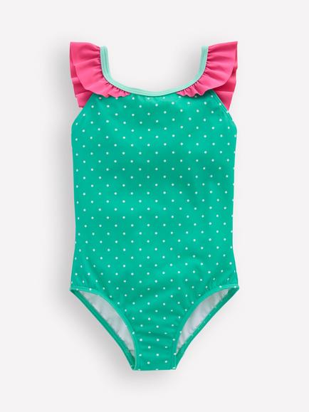 Mini Boden Kids' Hallie Frill Strap Swimsuit, Aqua Sea Blue Turtle, Aqua Sea Blue Turtle