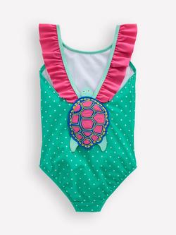 Mini Boden Kids' Hallie Frill Strap Swimsuit, Aqua Sea Blue Turtle - view 2, Aqua Sea Blue Turtle