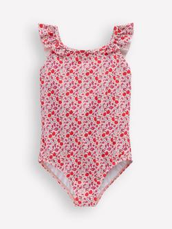 Mini Boden Kids' Hallie Frill Strap Swimsuit, Lotus Cherry Vine, Lotus Cherry Vine