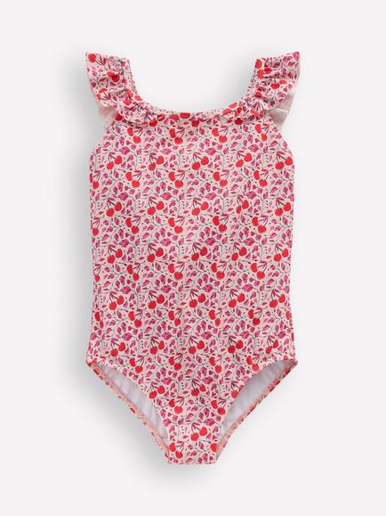 Mini Boden Kids' Hallie Frill Strap Swimsuit, Lotus Cherry Vine, Lotus Cherry Vine