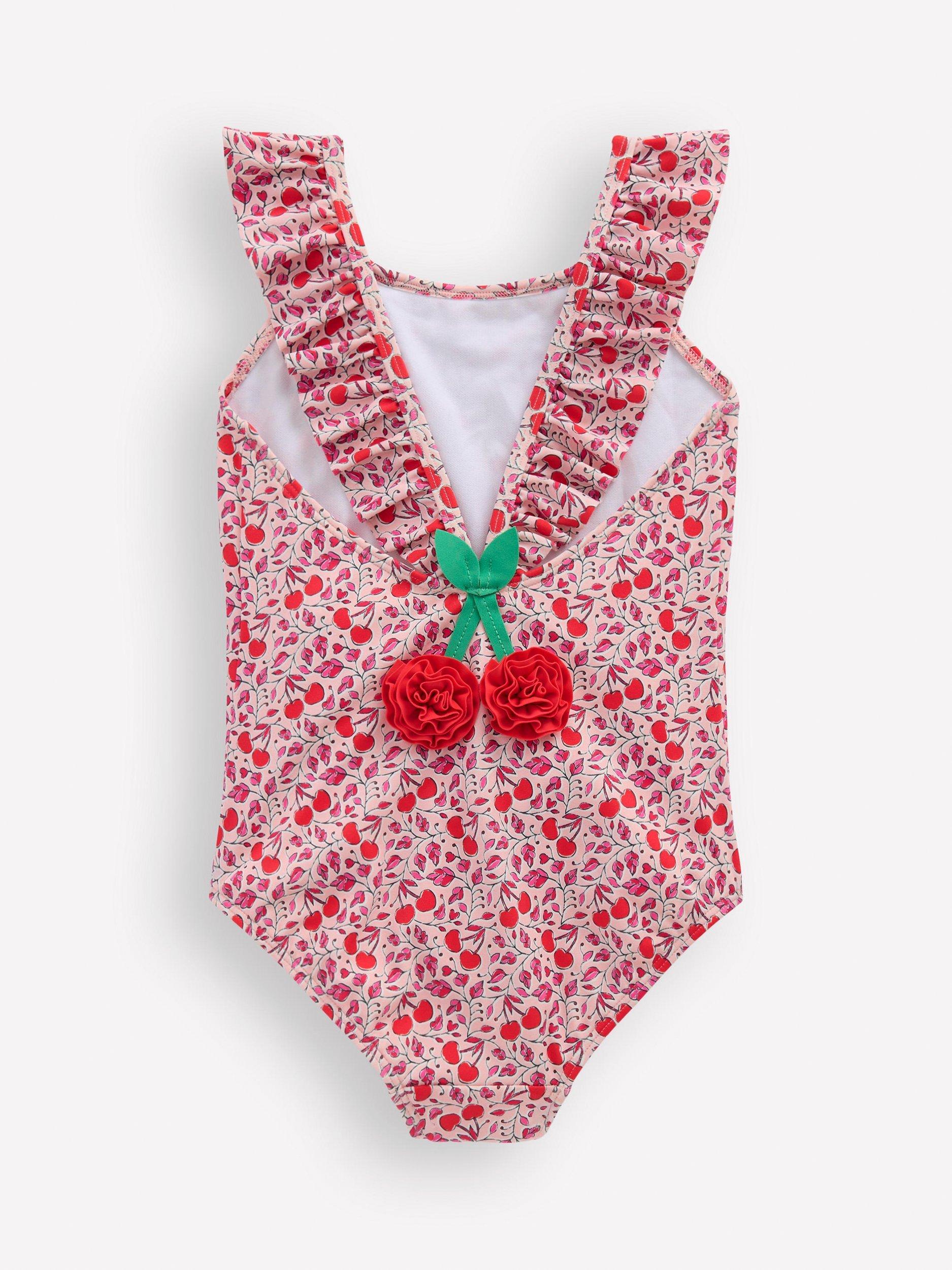 Mini Boden Kids' Hallie Frill Strap Swimsuit, Lotus Cherry Vine