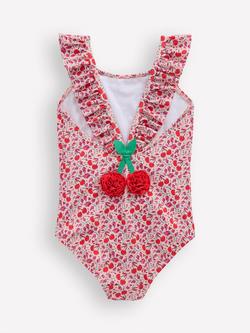 Mini Boden Kids' Hallie Frill Strap Swimsuit, Lotus Cherry Vine - view 2, Lotus Cherry Vine