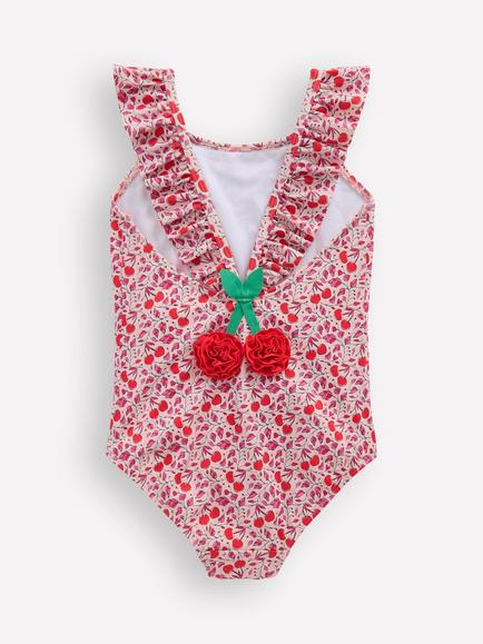 Mini Boden Kids' Hallie Frill Strap Swimsuit, Lotus Cherry Vine - view 2, Lotus Cherry Vine