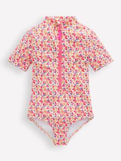 Mini Boden Kids' Short Sleeve Zip Front Swim Top, Papyrus Ditsy Floral, Papyrus Ditsy Floral