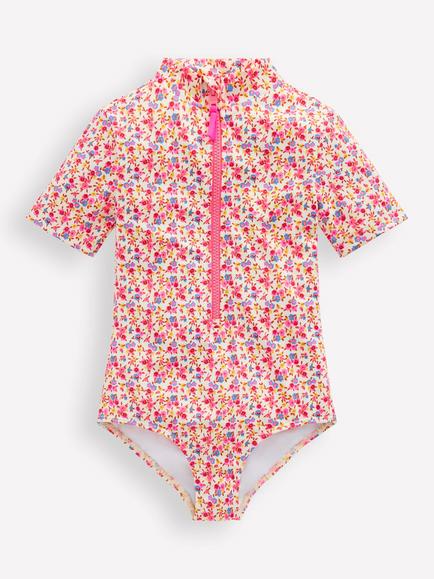 Mini Boden Kids' Short Sleeve Zip Front Swim Top, Papyrus Ditsy Floral, Papyrus Ditsy Floral