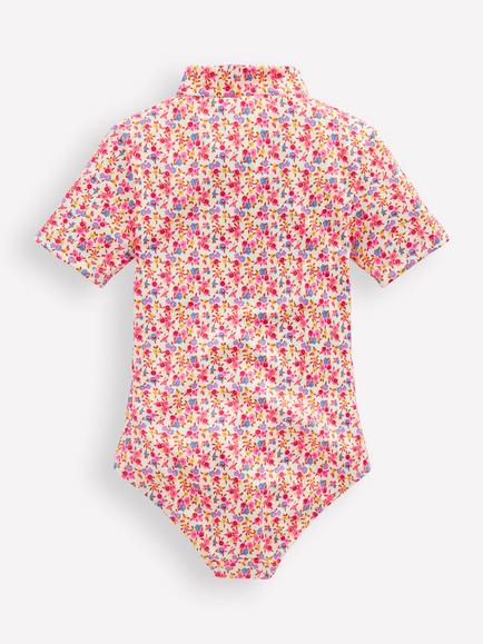 Mini Boden Kids' Short Sleeve Zip Front Swim Top, Papyrus Ditsy Floral - view 2, Papyrus Ditsy Floral