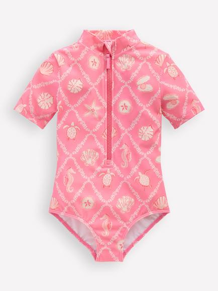 Mini Boden Kids' Short Sleeve Swimsuit, Pink Shell Tile, Pink Shell Tile