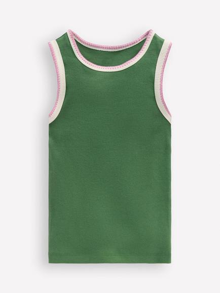 Mini Boden Kids' Cotton Rib Crochet Trim Vest, Willow Green