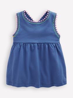 Mini Boden Kids' Cross-Back Pom Pom Top, Azure Blue, Azure Blue