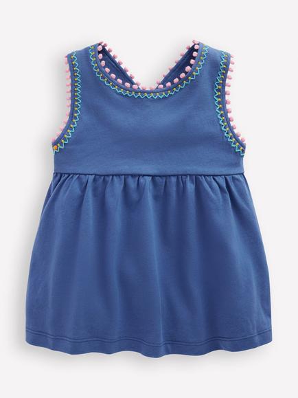 Mini Boden Kids' Cross-Back Pom Pom Top, Azure Blue, Azure Blue