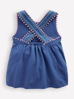Mini Boden Kids' Cross-Back Pom Pom Top, Azure Blue - view 2, Azure Blue