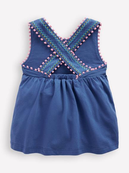 Mini Boden Kids' Cross-Back Pom Pom Top, Azure Blue - view 2, Azure Blue