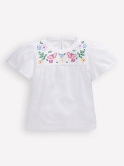 Mini Boden Kids' Cotton Embroidered Flutter Sleeve Top, White, White