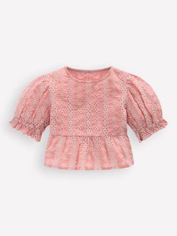 Mini Boden Kids' Cotton Embroidered Peplum Top, Almond Pink Broderie, Almond Pink Broderie