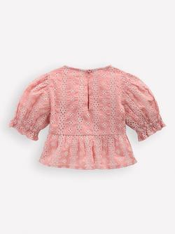 Mini Boden Kids' Cotton Embroidered Peplum Top, Almond Pink Broderie - view 2, Almond Pink Broderie