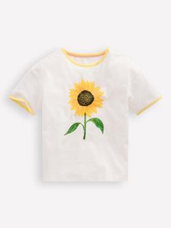 Mini Boden Kids' Cotton Contrast Trim T-Shirt, Ivory Sunflower, Ivory Sunflower