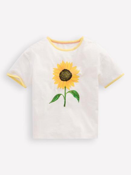 Mini Boden Kids' Cotton Contrast Trim T-Shirt, Ivory Sunflower, Ivory Sunflower
