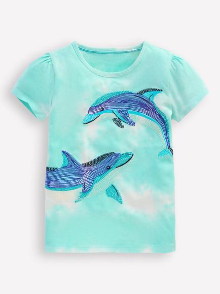 Mini Boden Kids' Cotton Super Stitch Puff Sleeve T-Shirt, Blue Dolphins, Blue Dolphins