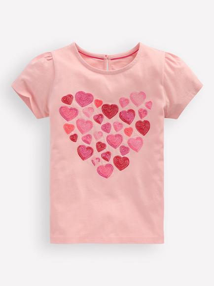 Mini Boden Kids' Cotton Super Stitch Puff Sleeve T-Shirt, Chalk Pink Hearts, Chalk Pink Hearts