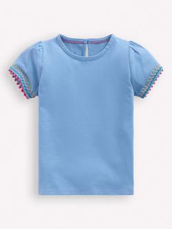 Mini Boden Kids' Embroidered Puff Sleeve T-Shirt, Forget Me Not Blue
