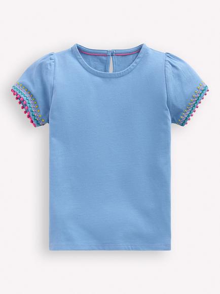 Mini Boden Kids' Embroidered Puff Sleeve T-Shirt, Forget Me Not Blue