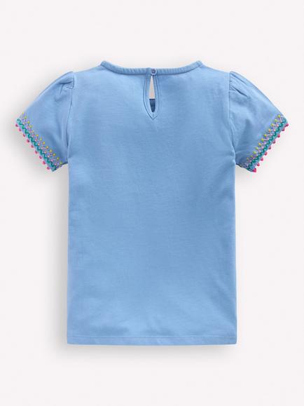 Mini Boden Kids' Embroidered Puff Sleeve T-Shirt - view 2, Forget Me Not Blue