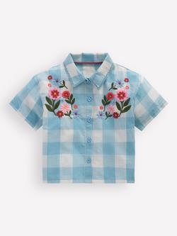 Mini Boden Kids' Short Sleeve Relaxed Embroidered Shirt, Blue Gingham, Blue Gingham